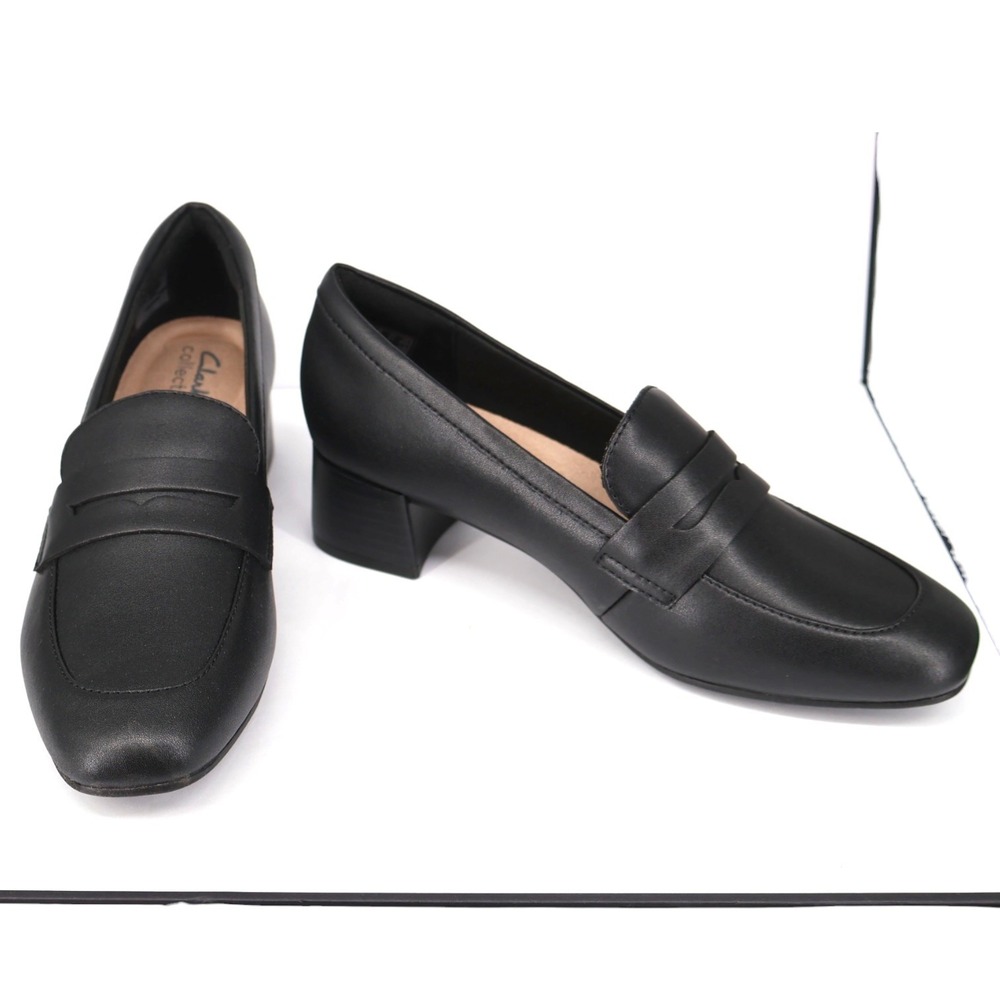 Clarks Iridessa Sky Black Leather Block Heel Loafers Size 6.5M NIB